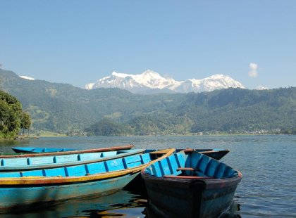 nepal pokhara lake boats landscape