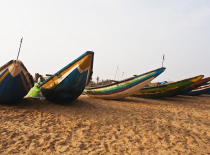 India, Puri, Orissa, Traditional fishing boats, Beach