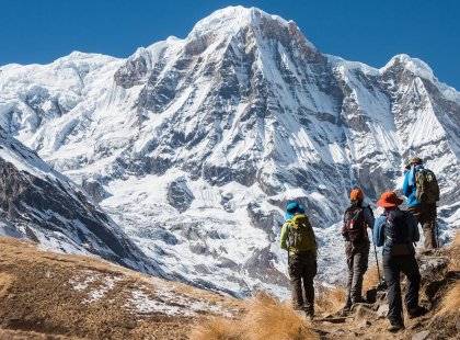 nepal annapurna sanctuary basecamp trek hike tourists mountain