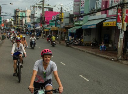 Take in the sights and sounds of Thailand's busy streets from the comfort of your bicycle