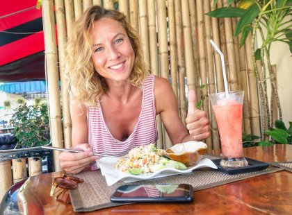 TTZF Sitting down to a delicious lunch on Thailand Vegan Food Adventure