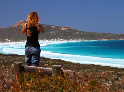 Woman looking over Albany Beach, Western Australia