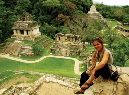 Tourist over Palenque Ruins, Mexico