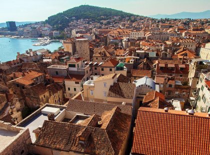 Aerial view of old town buildings and harbour, Split, Croatia