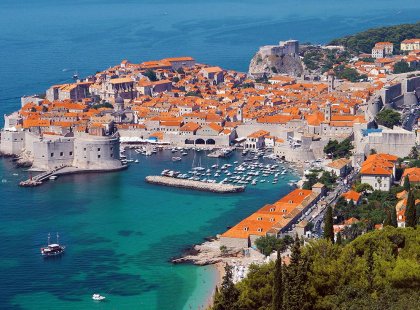 Aerial view of old town fortress and harbour, Dubrovnik, Croatia