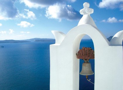 greece santorini oia white bell tower village seaside blue sky