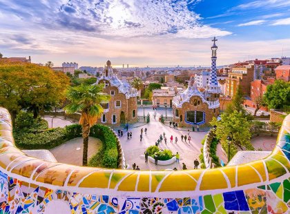 Colourful mosaic and buildings in Guell Park, Barcelona, Spain