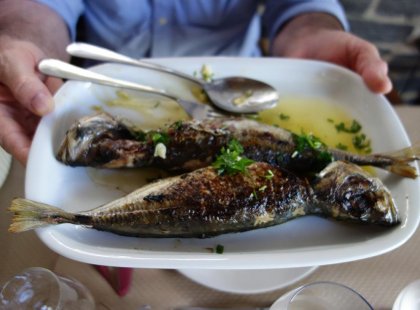A serving of fresh fish for lunch cooked with a traditional Portugese method.