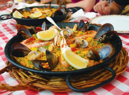 Paella seafood dish, Spain