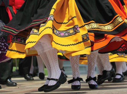 Closeup of flamenco dancers feet in traditional dress, Spain