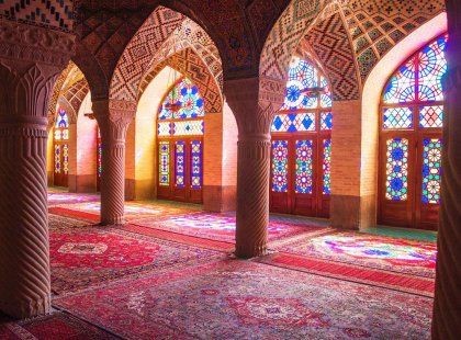 Detailed patterned mosaic interior of Nasir ol Molk Mosque, Shiraz, Iran