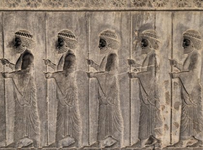 Engraving detail on stone ruins in Persepolis, Iran