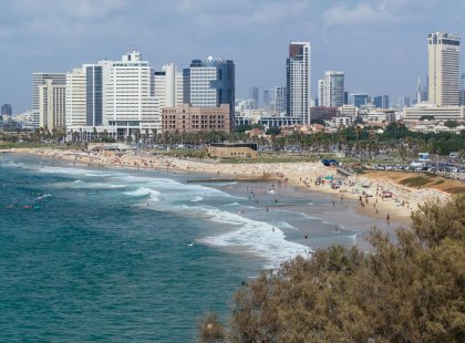 The beach and skyline of Tel Aviv in Israel