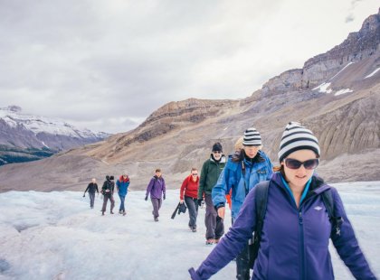 Intrepid travellers on a day hike on Athabasca Glacier in Canada.
