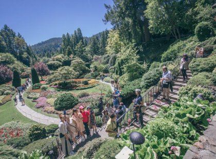 Travellers looking around Butchart Gardens in Victoria, Canada on an Intrepid Travel tour.