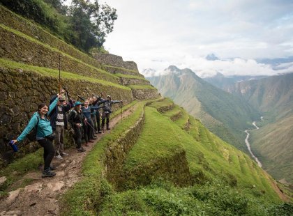 Group of travellers trek the Inca Trail toward Machu Picchu, Peru