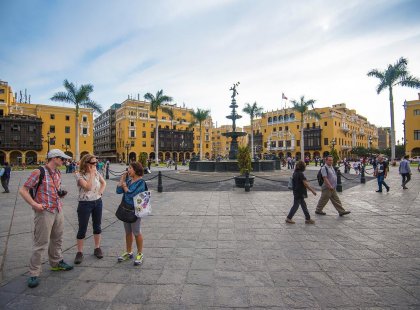 Group of travellers in Plaza Mayor, Lima, Peru
