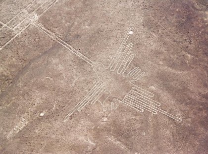 Aerial view of hummingbird Nazca Lines in the desert, Peru