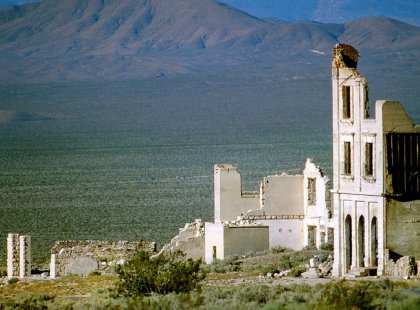 Rhyolite ghost town, once a thriving mining town near the rim of Death Valley.