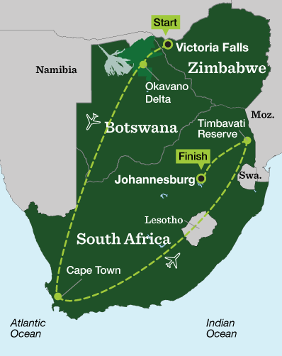 Discover Southern Africa – Victoria Falls, Okavango Delta, Cape Town & Kruger - Tour Map