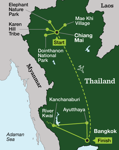 Discover Thailand – Chiang Mai to River Kwai - Tour Map