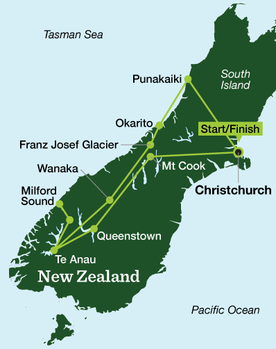 New Zealand Hiking & Kayaking – South Island - Tour Map