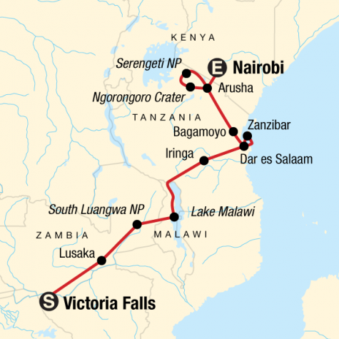 Victoria Falls and Serengeti Adventure - Tour Map