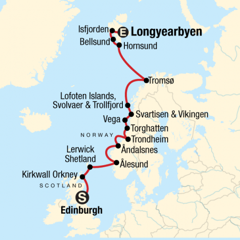 Scottish Islands, Norwegian Fjords & Arctic Discovery - Tour Map