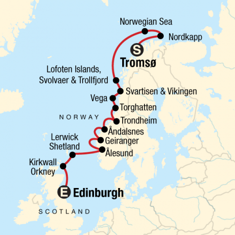 Cruise the Norwegian Fjords & Scottish Islands – Tromsø to Edinburgh - Tour Map