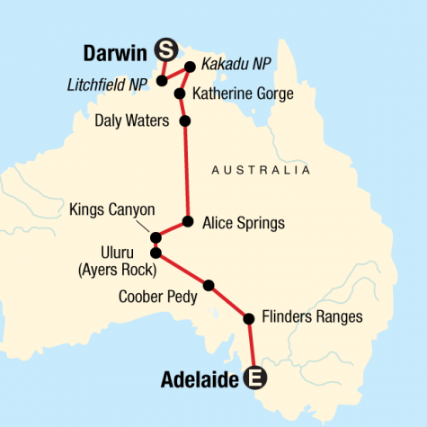 Australia North to South – Darwin to Adelaide - Tour Map