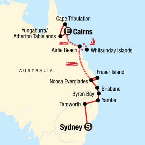 East Coast Encompassed–Sydney to Cairns - Tour Map
