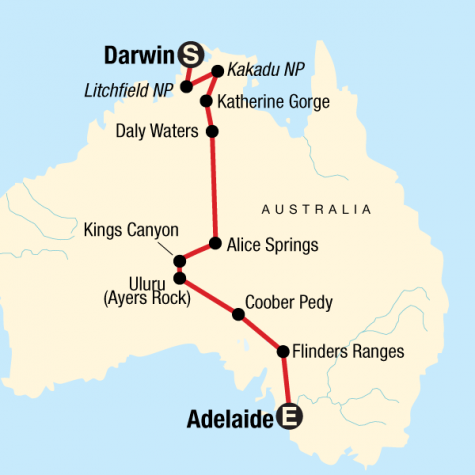 Australia North to South – Darwin to Adelaide - Tour Map