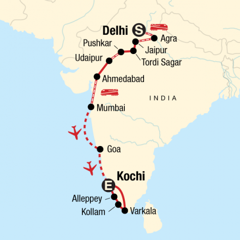 North to South India on a Shoestring - Tour Map