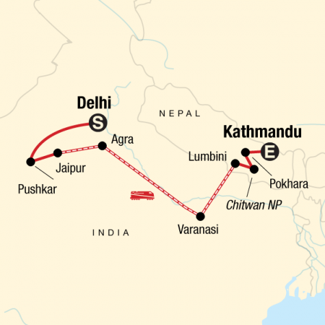 Delhi to Kathmandu on a Shoestring - Tour Map