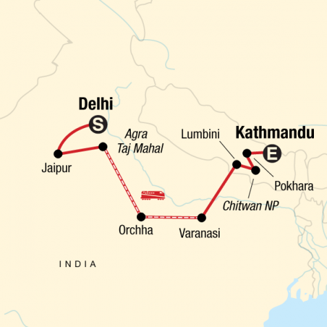 Delhi to Kathmandu Adventure - Tour Map
