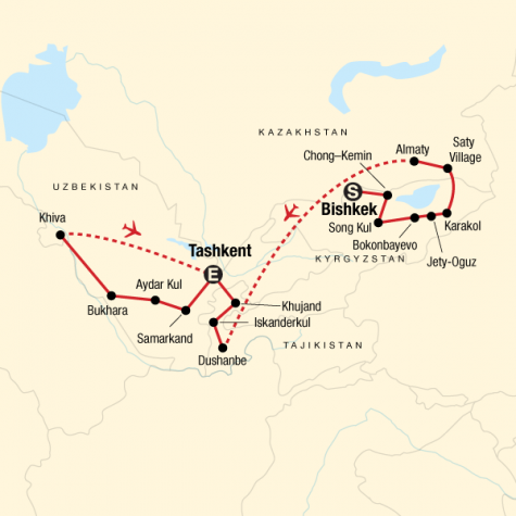Multi-Stan Adventure - Bishkek to Tashkent - Tour Map