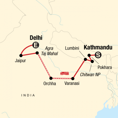 Kathmandu to Delhi Adventure - Tour Map