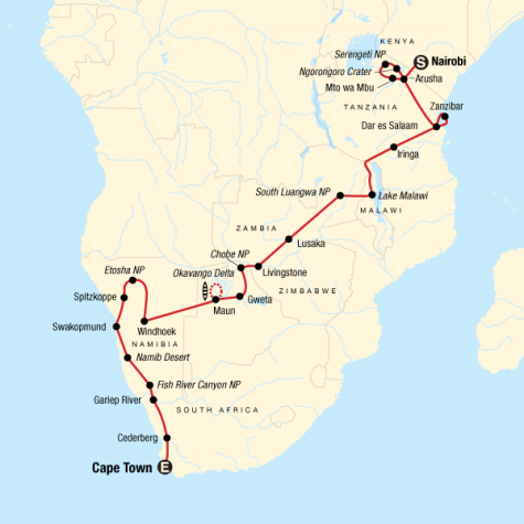 Serengeti, Falls & Cape Town Adventure - Tour Map