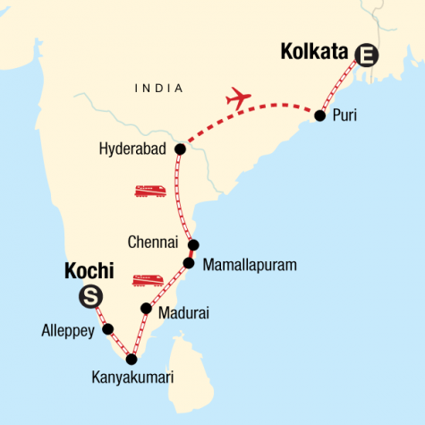 Southern India & East Coast by Rail - Tour Map