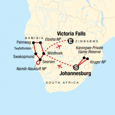 Kruger, Victoria Falls & Namibia - Tour Map