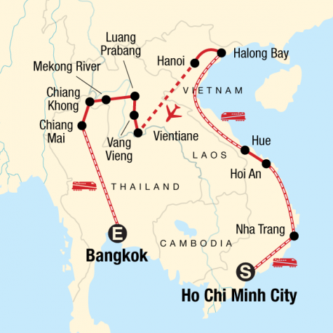 Vietnam, Laos & Thailand on a Shoestring - Tour Map