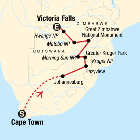 Cape Town, Kruger & Zimbabwe - Tour Map