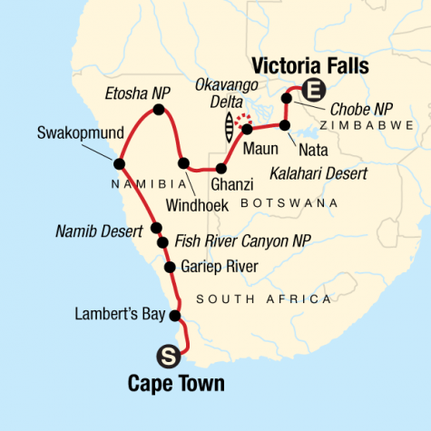 Cape Town to Victoria Falls Adventure - Tour Map
