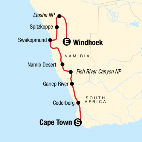 Cape & Dunes Overland (Northbound) - Tour Map