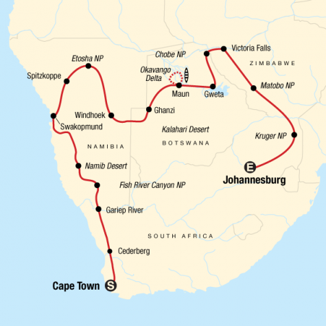 Cape Town, Falls & Kruger Adventure - Tour Map