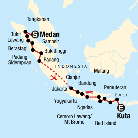 Indonesia on a Shoestring – Sumatra & Java to Kuta - Tour Map