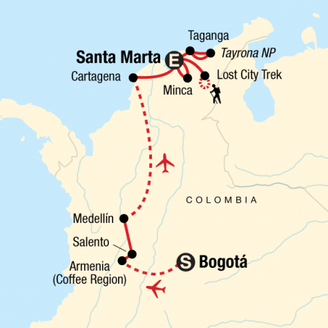 Colombian Culture, Caribbean & Lost City - Tour Map