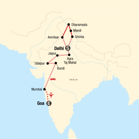 Northern India & Rajasthan to Goa by Rail - Tour Map
