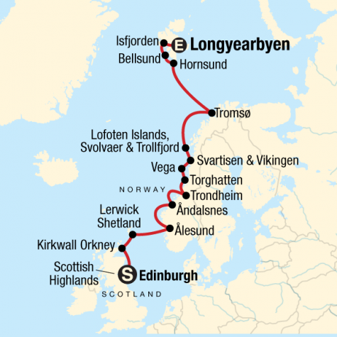 Discover Edinburgh, Scottish Islands & The Norwegian Arctic - Tour Map