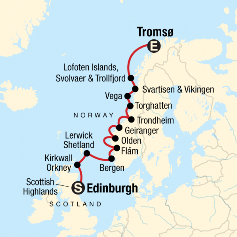 Edinburgh, Scottish Islands & Norwegian Fjords - Edinburgh to Tromsø - Tour Map